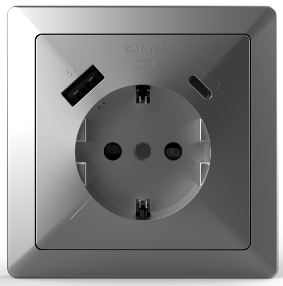 Schuko socket with USB A+C LUX Silver